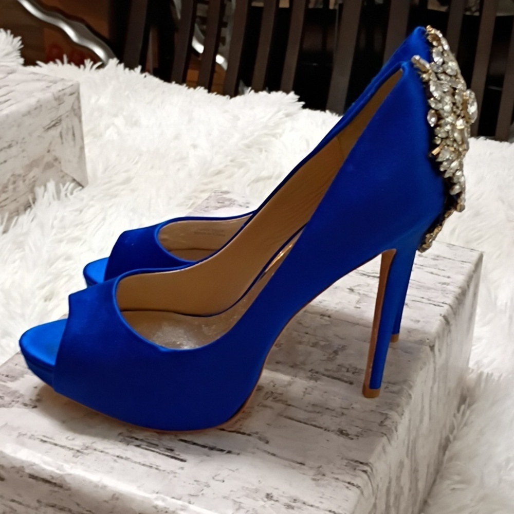 Badgley Mischka Kiarra Saphire Blue Satin Crystal-Back Peep-Toe Heels 9.5M - Picture 7 of 16